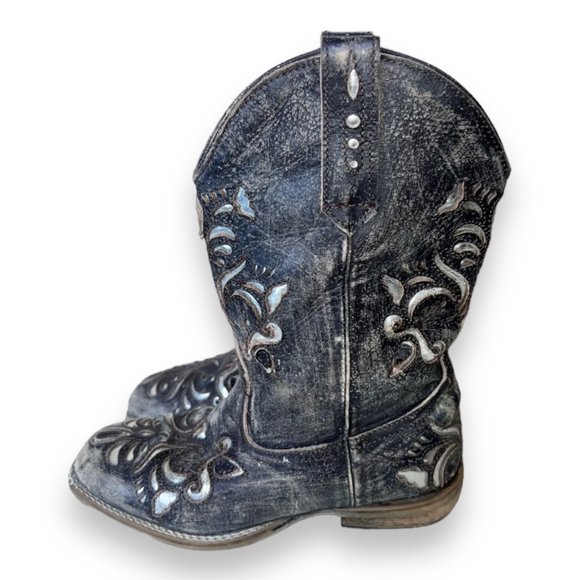 Roper Belle Square Toe Mid Calf Distressed Brown Cowboy Boots Youth 2 - Picture 2 of 15